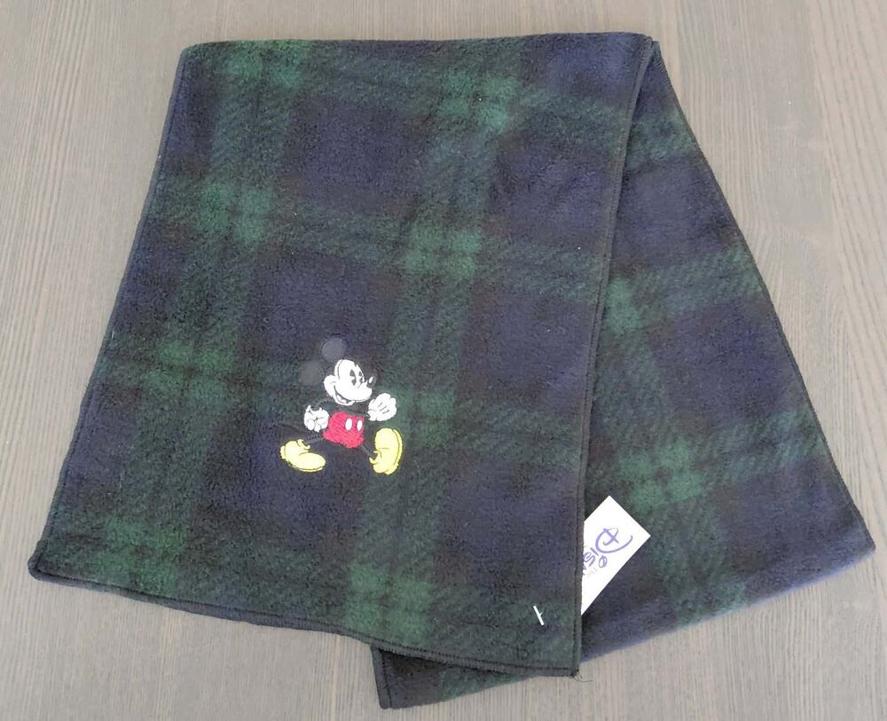 Disney Mickey Mouse Plaid Fleece Scarf Black Green Embroidered Winter Warm